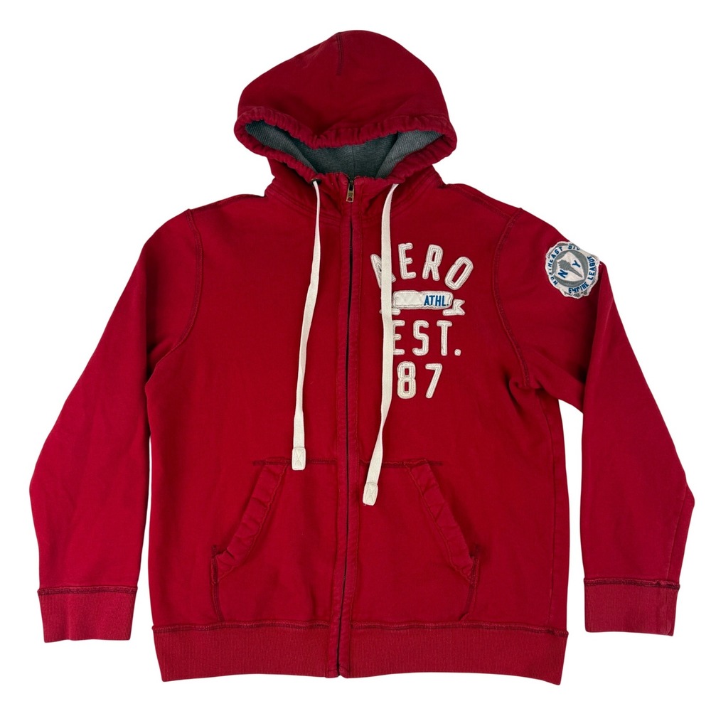 Aeropostale Full Zip Hoodie Mens XL Red Aero Est‎ 87 Varsity Fleece Sweatshirt
